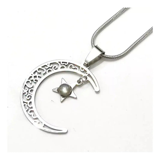 Collar Luna Y Estrella Con Piedra Labradorita Y Cadena Luna Estrella Labradorita