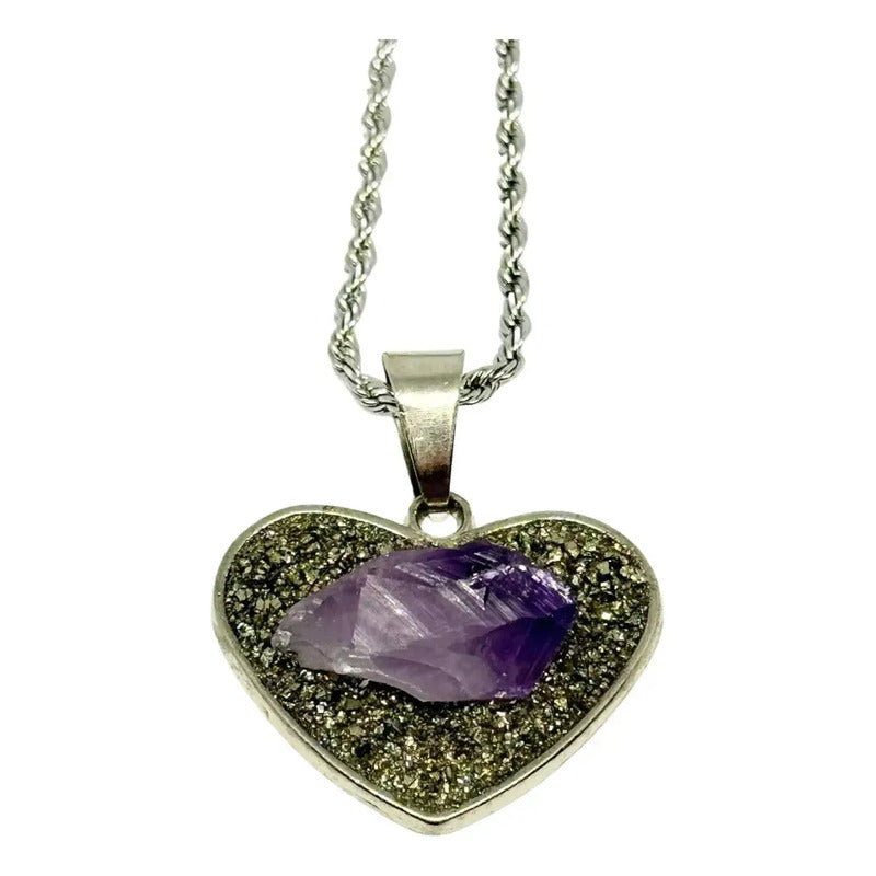 Collar Armonía Y Abundancia Corazón Amatista Pirita Cadena Corazón Pirita Amatista Ll