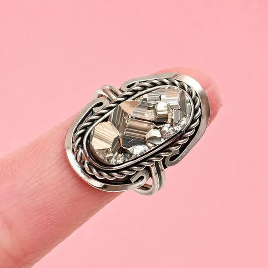 Anillo Mujer Alpaca Regulable Con Piedra Pirita Abundancia Pirita Grande Unico