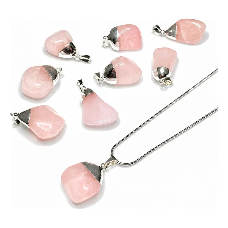 Collar Protector Amor Propio Cristal Cuarzo Rosa + Cadena De Acero Cuarzo Rosa