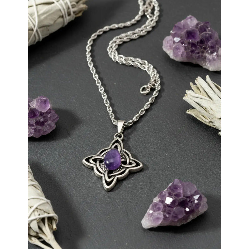 Collar Protección Nudo De Bruja Con Piedra Amatista Amatista