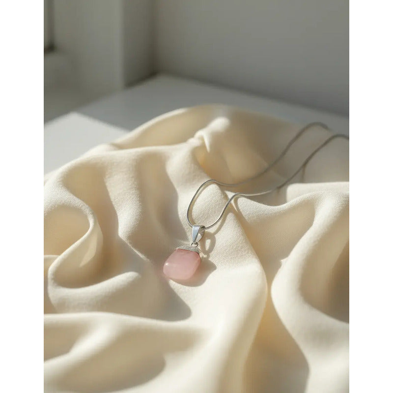 Collar Amor Propio Cristal Cuarzo Rosa + Cadena De Acero Cuarzo Rosa