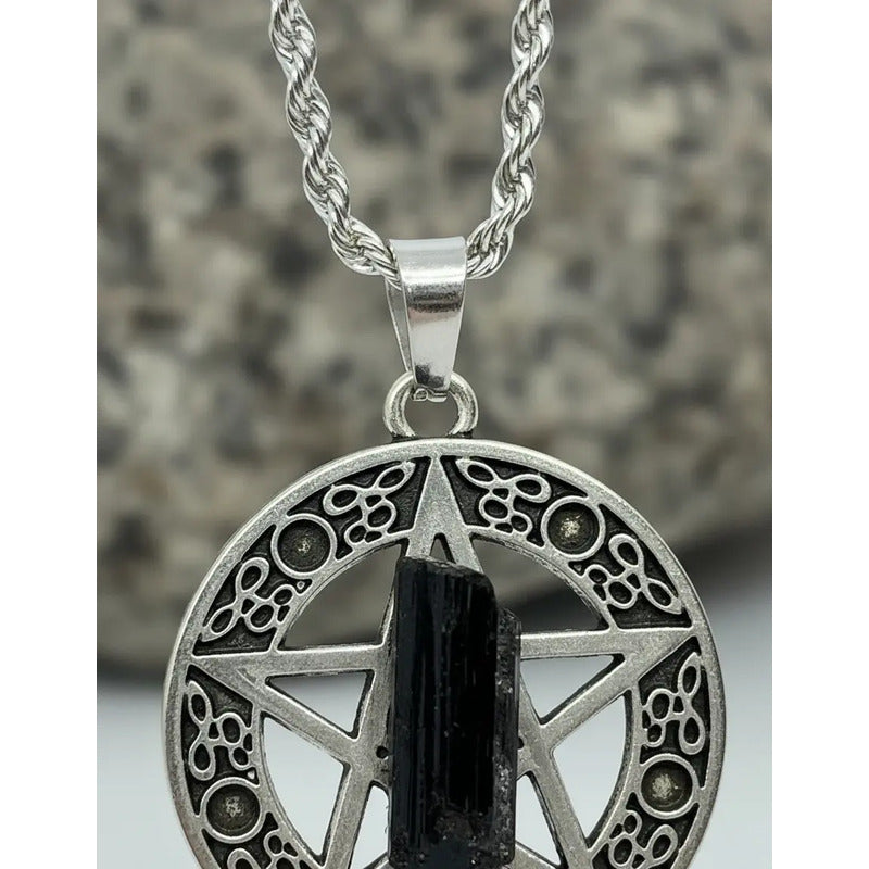 Collar Protección Pentagrama Y Turmalina + Cadena De Acero Pentagrama Turmalina