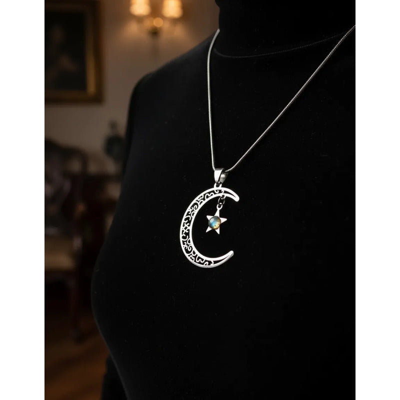 Collar Luna Y Estrella Con Piedra Labradorita Y Cadena Luna Estrella Labradorita