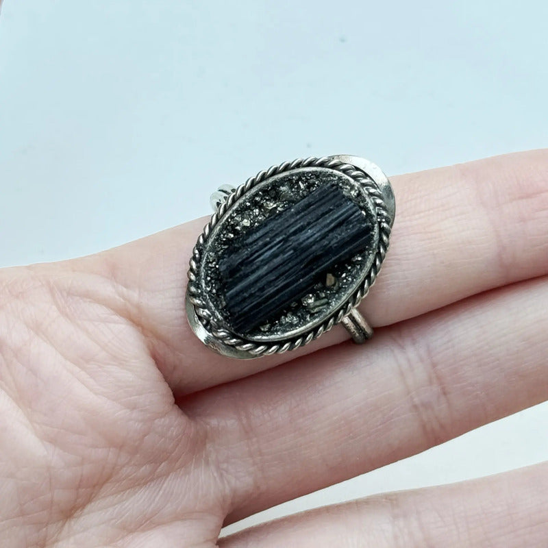 Anillo Mujer Alpaca Regulable Con Piedra Turmalina Y Pirita Pirita Turmalina Unico Regulable