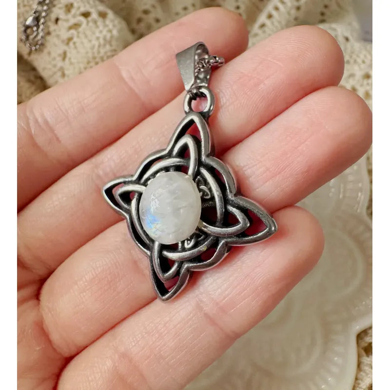Collar Nudo De Bruja Adularia Piedra De La Luna + Cadena Nudo De Bruja Y Adularia