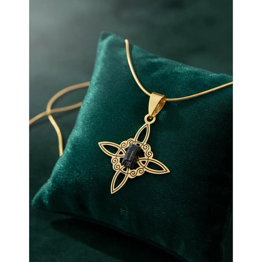 Collar Protección Nudo De Bruja Turmalina + Cadena De Acero Nudo De Bruja Y Turmalina