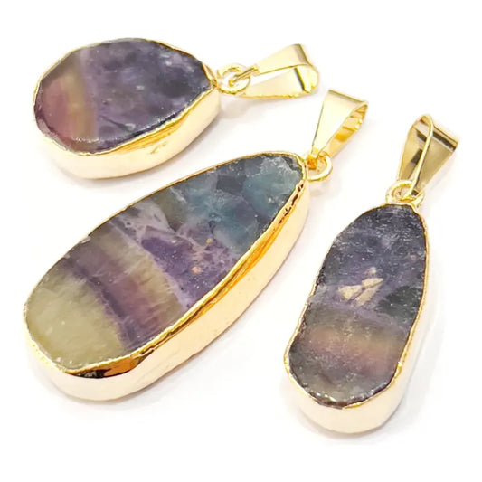 Collar Piedra Natural Fluorita Arcoiris + Cadena Acero Gold Fluorita Arcoiris