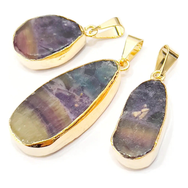 Collar Piedra Natural Fluorita Arcoiris + Cadena Acero Gold Fluorita Arcoiris