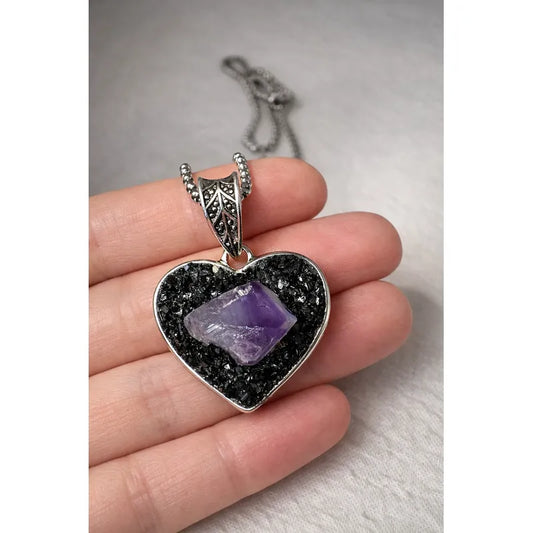 Collar Transmutación Protección Corazón Amatista Y Turmalina Corazón Amatista Turmalina