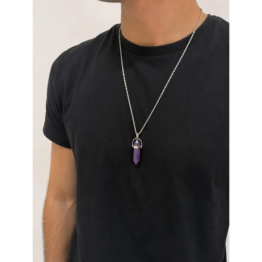 Collar Péndulo Biterminado Amatista Piedra Natural 60 Cm Péndulo Amatista
