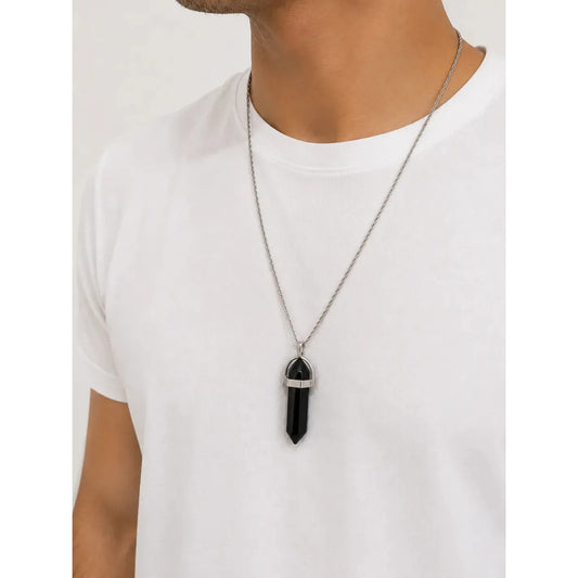 Collar Hombre Mujer Péndulo Biterminado Piedra Natural 60 Cm Ónix - Protección