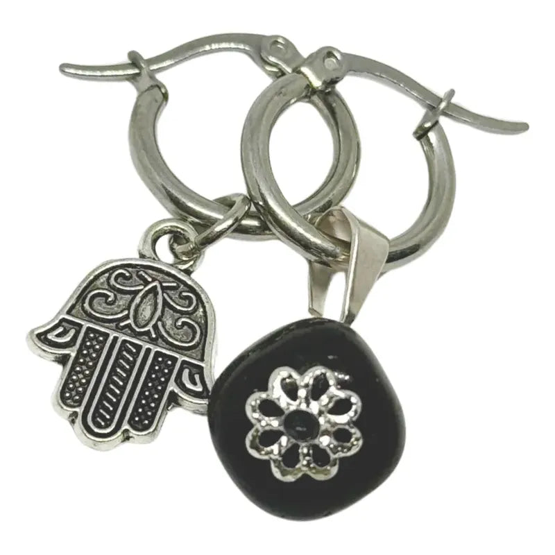 Aros Mujer Obsidiana Piedra Natural Y Mano De Fátima Hamsa Plateado