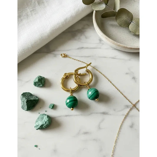 Aros Malaquita Acero Dorado Piedras Naturales Malaquita