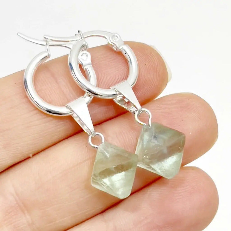 Aros Argolla Baño De Plata Octaedro Fluorita Piedra Natural Fluorita