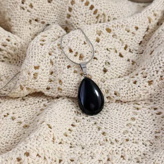 Collar Gota De Piedra Natural Con Cadena Acero Obsidiana