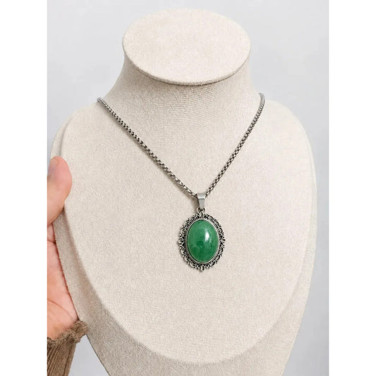 Collar Sanación Cuarzo Verde Con Cadena De Acero 50 Cm Camafeo Cuarzo Verde