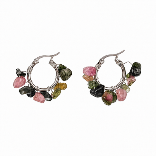 Par De Aros Argollitas Boho De Piedras Naturales Turmalina Limpieza - Mix De Turmalinas