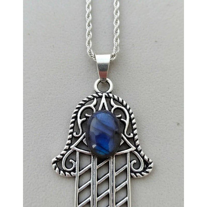 Collar Grande  Hamsa  Mano De Fátima Con Piedra Labradorita Hamsa Labradorita
