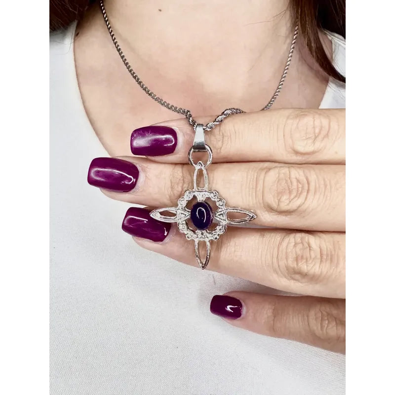 Collar Protección Nudo De Bruja + Amatista + Cadena De Acero Nudo De Bruja Y Amatista