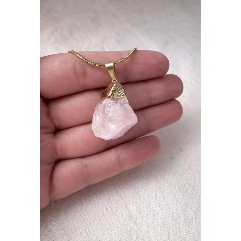 Collar Cuarzo Rosa Piedra Natural Bruto Dorado Con Cadena Cuarzo Rosa