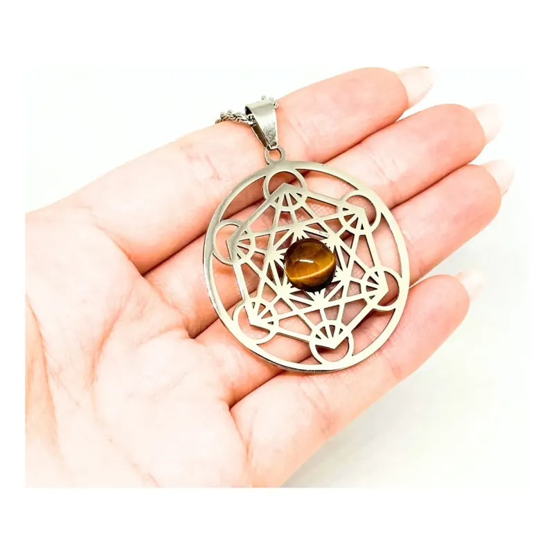 Collar Cubo De Metatron Grande Con Ojo De Tigre + Cadena Metatron Ojo De Tigre