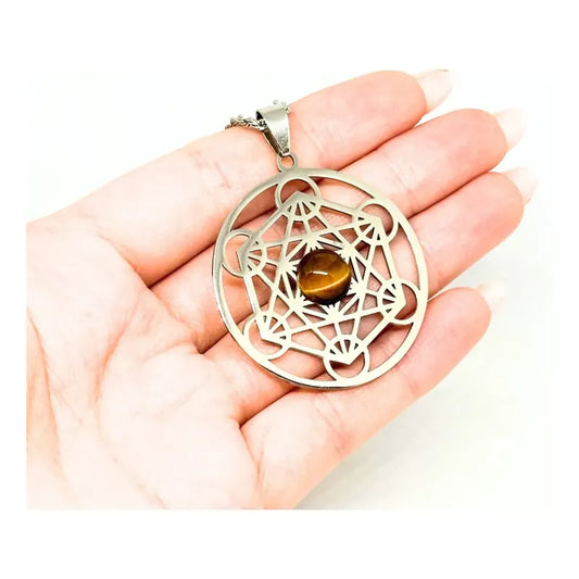 Collar Cubo De Metatron Grande Con Ojo De Tigre + Cadena Metatron Ojo De Tigre