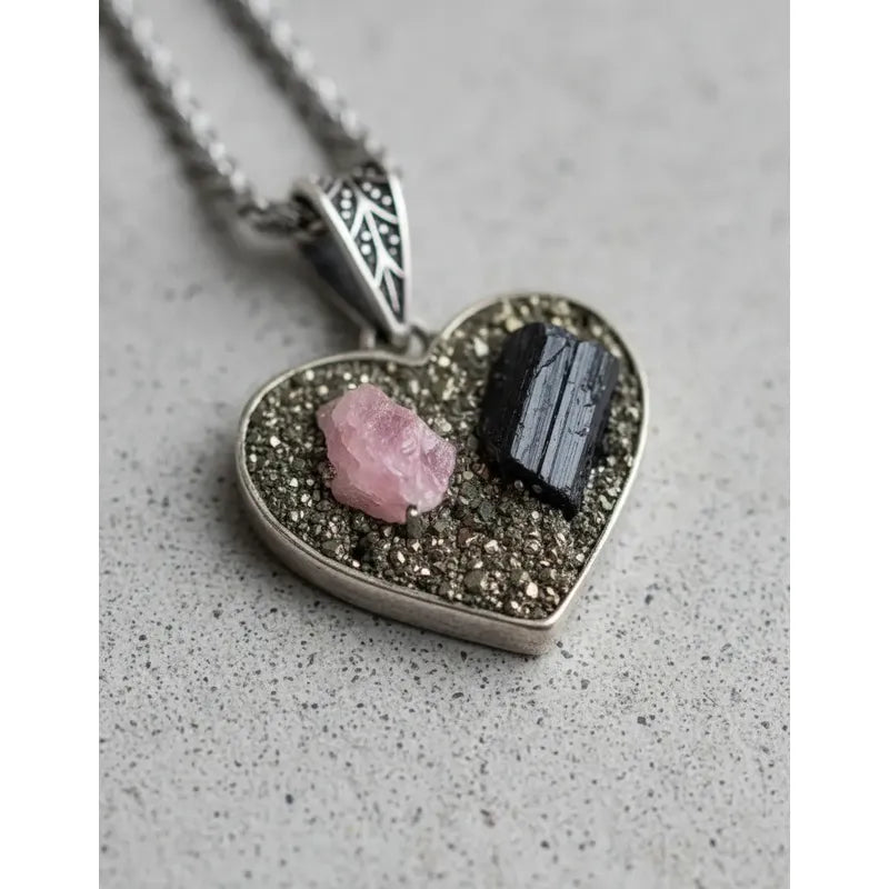 Collar Corazón Piedra Turmalina Rosa Negra Y Pirita + Cadena Corazón Pirita Y Turmalina Rosa Y Negra