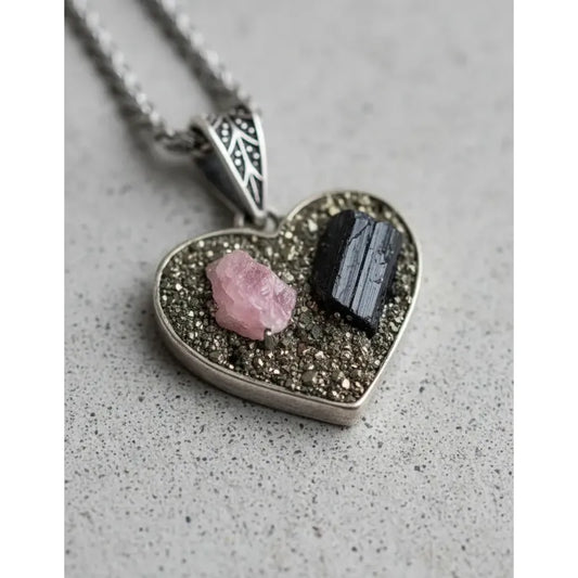 Collar Corazón Piedra Turmalina Rosa Negra Y Pirita + Cadena Corazón Pirita Y Turmalina Rosa Y Negra