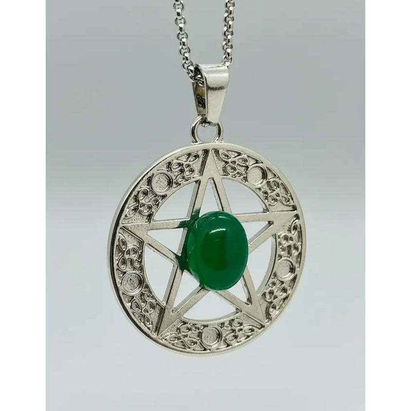 Collar Protección Pentagrama Ágata Verde + Cadena De Acero Pentagrama Agata Verde
