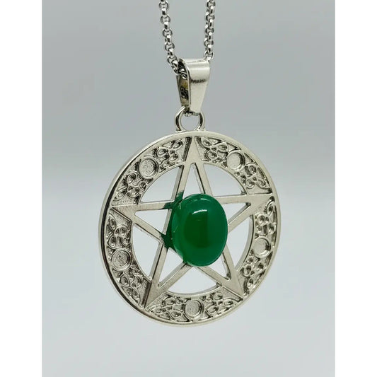 Collar Protección Pentagrama Ágata Verde + Cadena De Acero Pentagrama Agata Verde