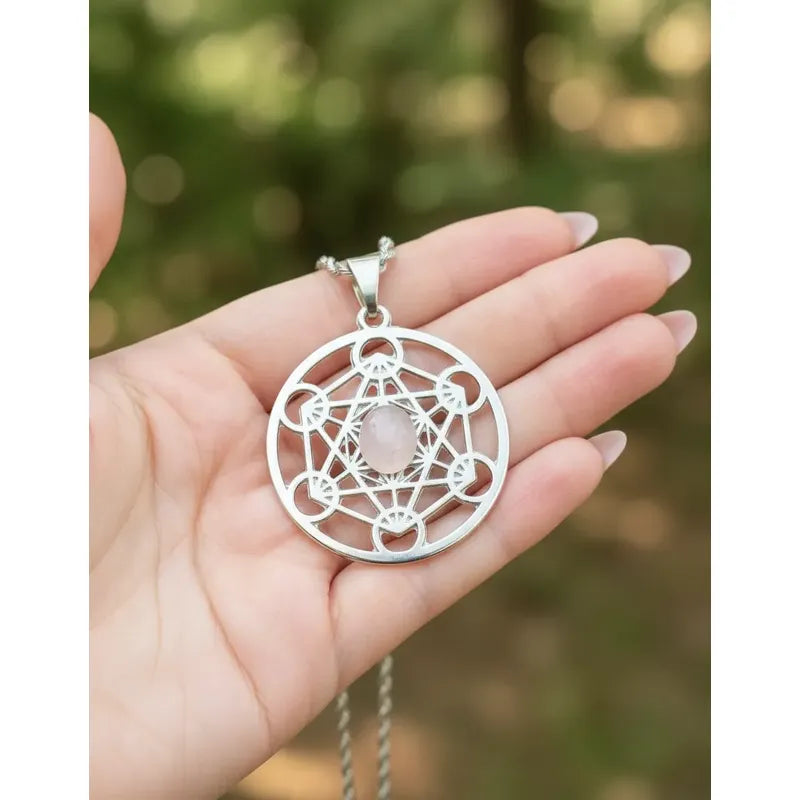 Collar Cubo De Metatron Grande Con Cuarzo Rosa + Cadena Metatron Cuarzo Rosa
