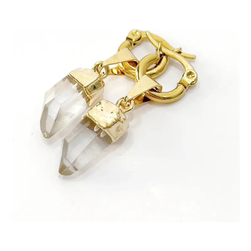 Par De Aros Punta De Cuarzo Cristal Acero Quirúrgico Dorado Punta De Cuarzo