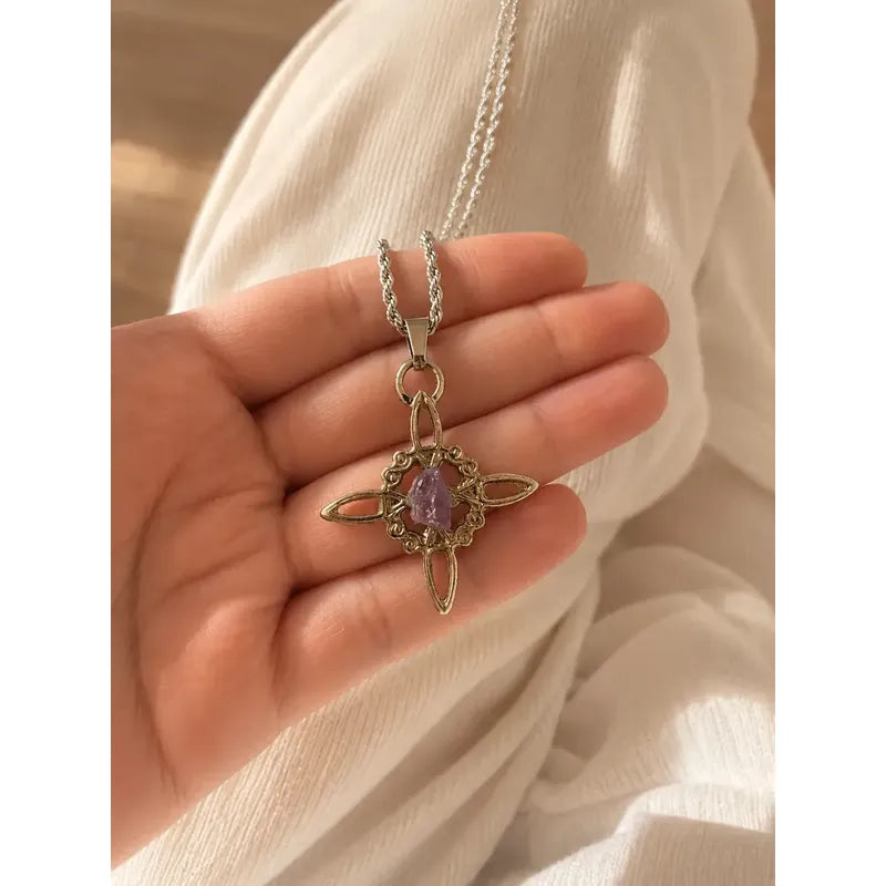 Collar Protección Nudo De Bruja + Amatista Y Cadena De Acero Nudo De Bruja Piedra Bruto