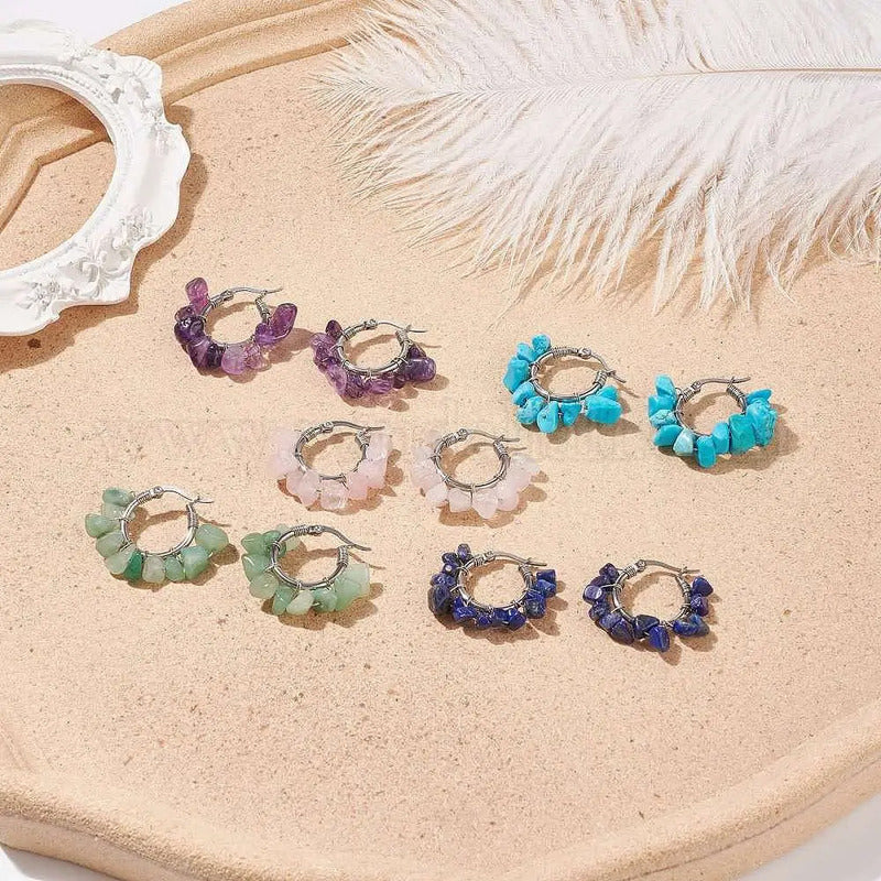 Par De Aros Argollitas Boho De Piedras Naturales A Elección