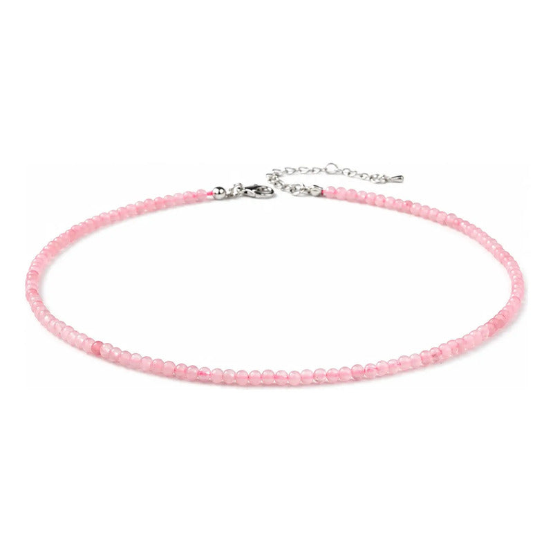 Collar Choker Mini Cuentas Piedras Naturales Delicado 40 Cm Cuarzo Rosa