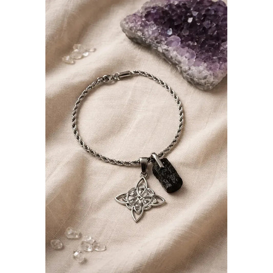 Pulsera Amuleto Protectora Nudo De Bruja Y Turmalina Acero Nudo De Bruja Turmalina 9 Cm 19 Cm