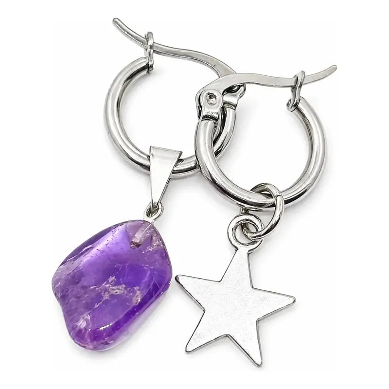 Aros Mujer Colgantes De Cristal Amatista Y Estrella De Acero Amatista Y Estrella