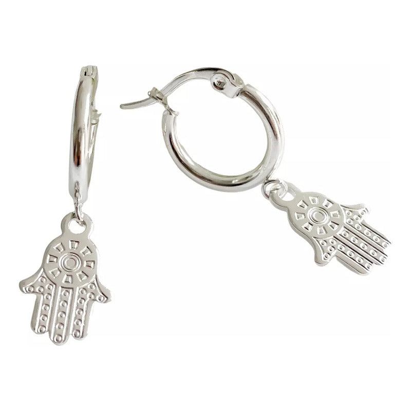 Par Aros Argollitas De Acero Quirúrgico Hamsa Mano De Fátima Gris