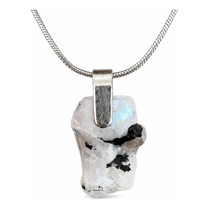 Collar Dije De Piedras Naturales Y Alpaca. Cadena De Acero Adularia