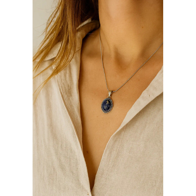 Collar Camafeo Con Piedra Lapislázuli Y Cadena De Acero Camafeo Lapislázuli