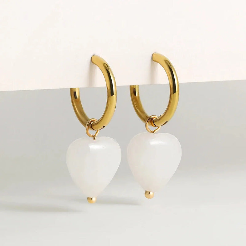Par Aros Mujer Corazón Protección Cuarzo Blanco Hermosos! Aro Dorado