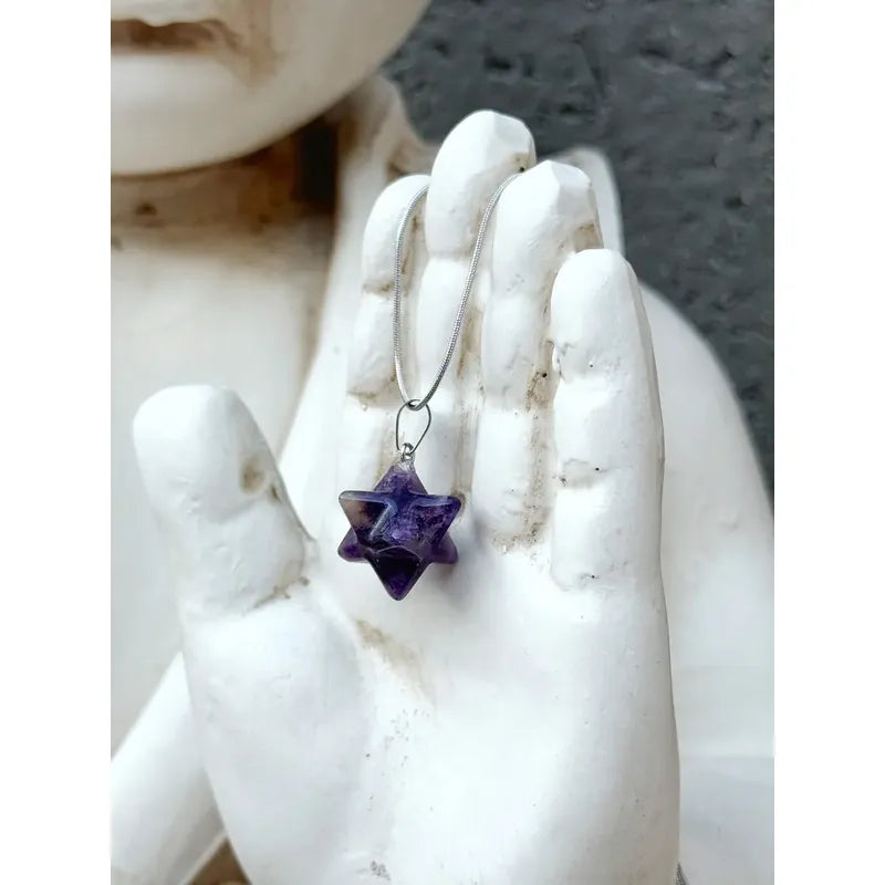 Collar De Piedra Natural Estrella Merkaba + Cadena Acero Color Amatista