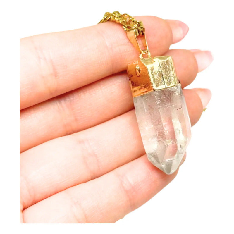 Collar Manifestación Punta De Cuarzo Cristal + Cadena Dorada Punta Cuarzo Cristal