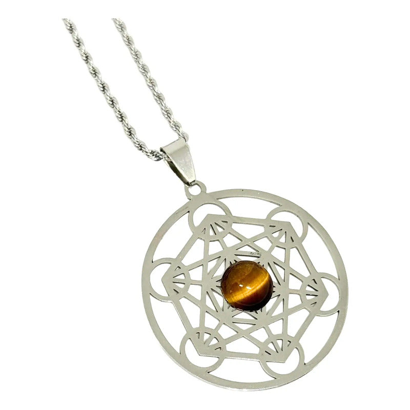 Collar Cubo De Metatron Grande Con Ojo De Tigre + Cadena Metatron Ojo De Tigre