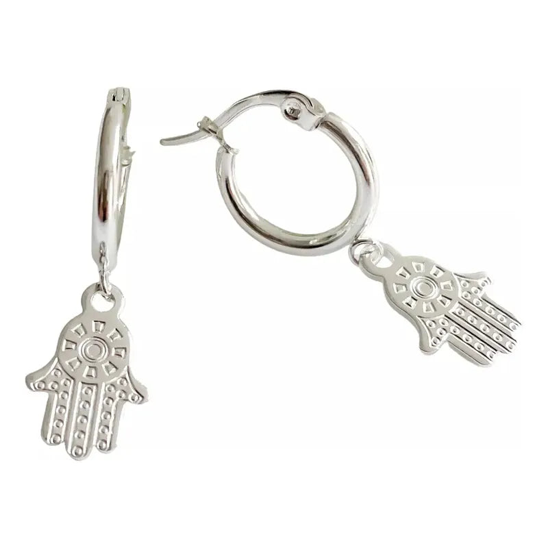 Par Aros Argollitas De Acero Quirúrgico Hamsa Mano De Fátima Gris