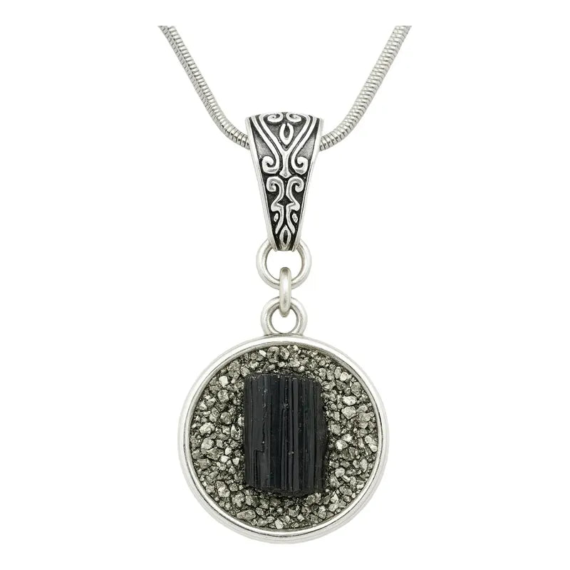 Collar Protección De Turmalina Con Pirita  Y Cadena De Acero Turmalina Con Pirita