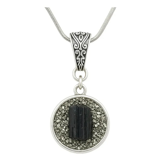 Collar Protección De Turmalina Con Pirita  Y Cadena De Acero Turmalina Con Pirita