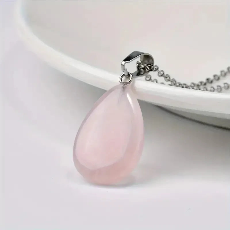 Collar Amor Propio Gota De Cuarzo Rosa + Cadena Acero Gota Cuarzo Rosa