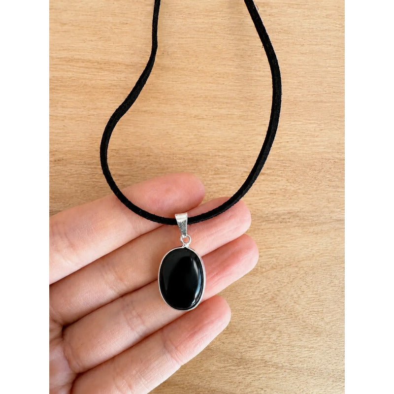 Collar Choker Gargantilla Piedras Naturales Soga Gamuza Obsidiana Negra